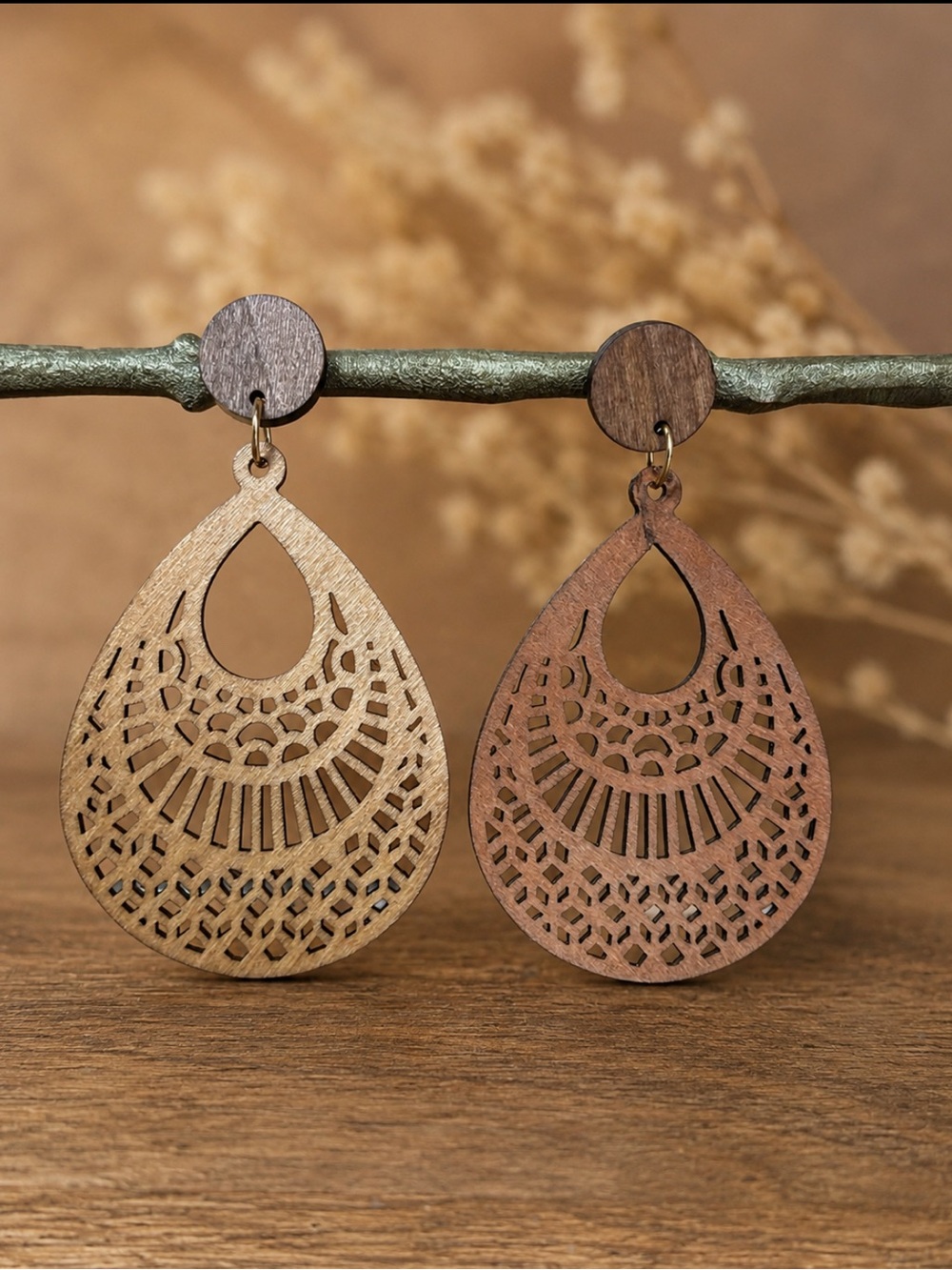 Handcrafted Wooden Teardrop Filigree Earrings - Brown
